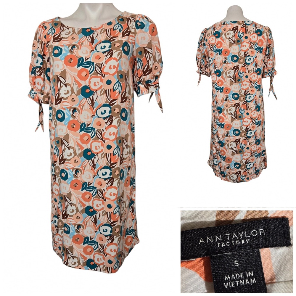 Ann Taylor Factory Floral Puff Sleeve Tie Cuff Shift Dress Orange Teal Small